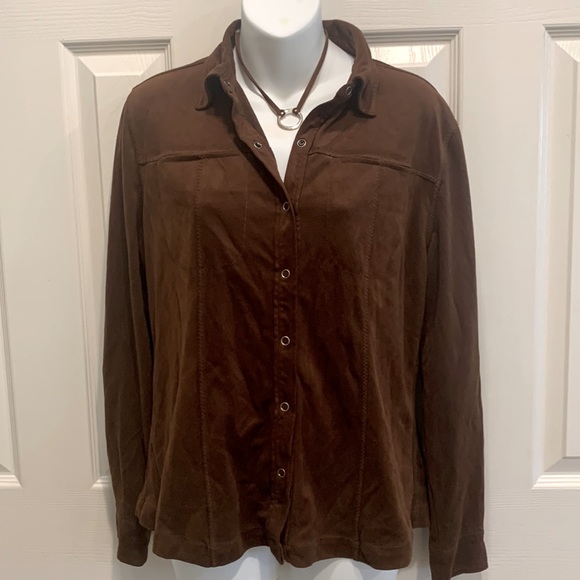 Brown suede-like button-down top - Picture 3 of 7
